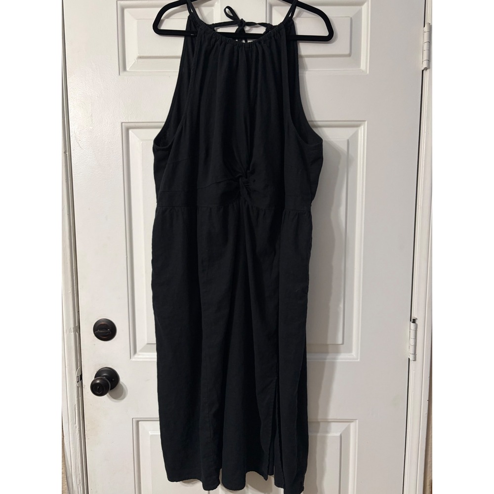 Ava & Viv | Linen Blend Plus Size Halter Twist Front Midi Dress | 3X || Black|
